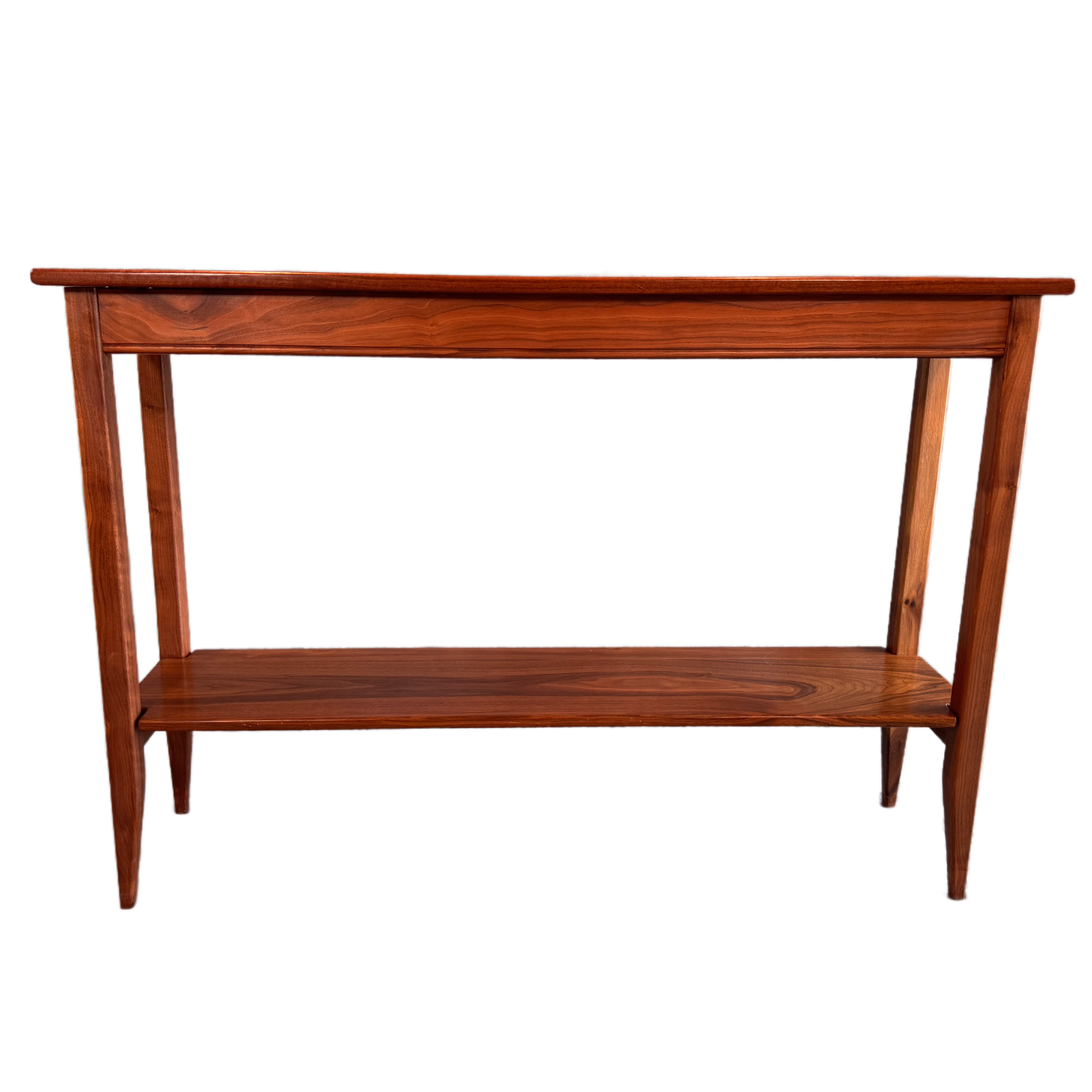 A wooden console table with a lower shelf and simple design.