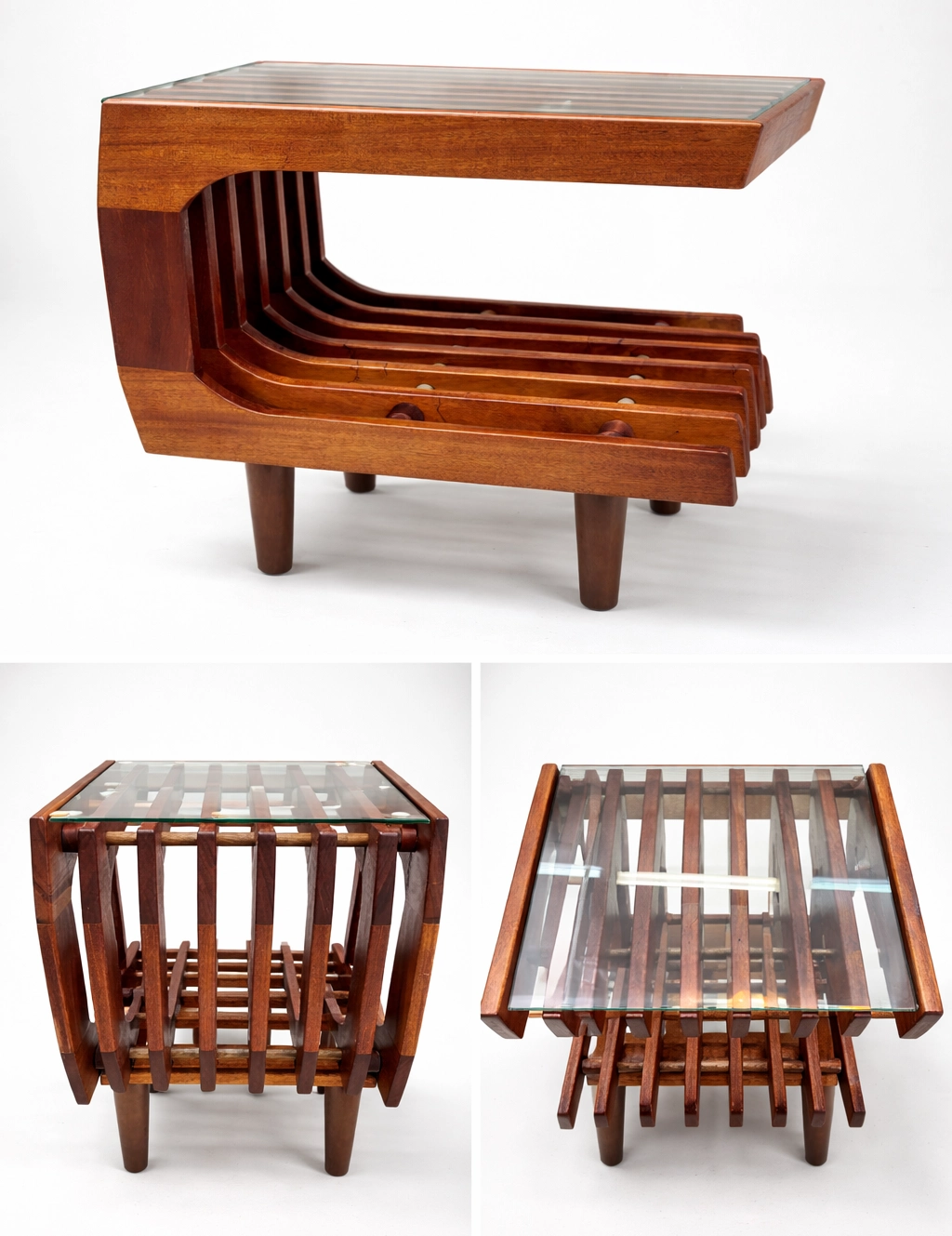 Unique wooden chair with curved slats and glass top.